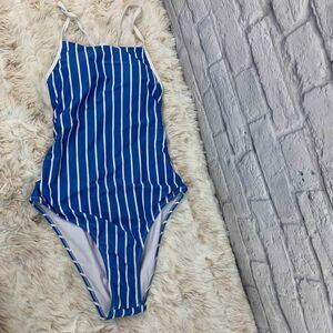 Zaful Swimsuit Womens 8 One Piece Blue and White Striped Lace Up Open Back